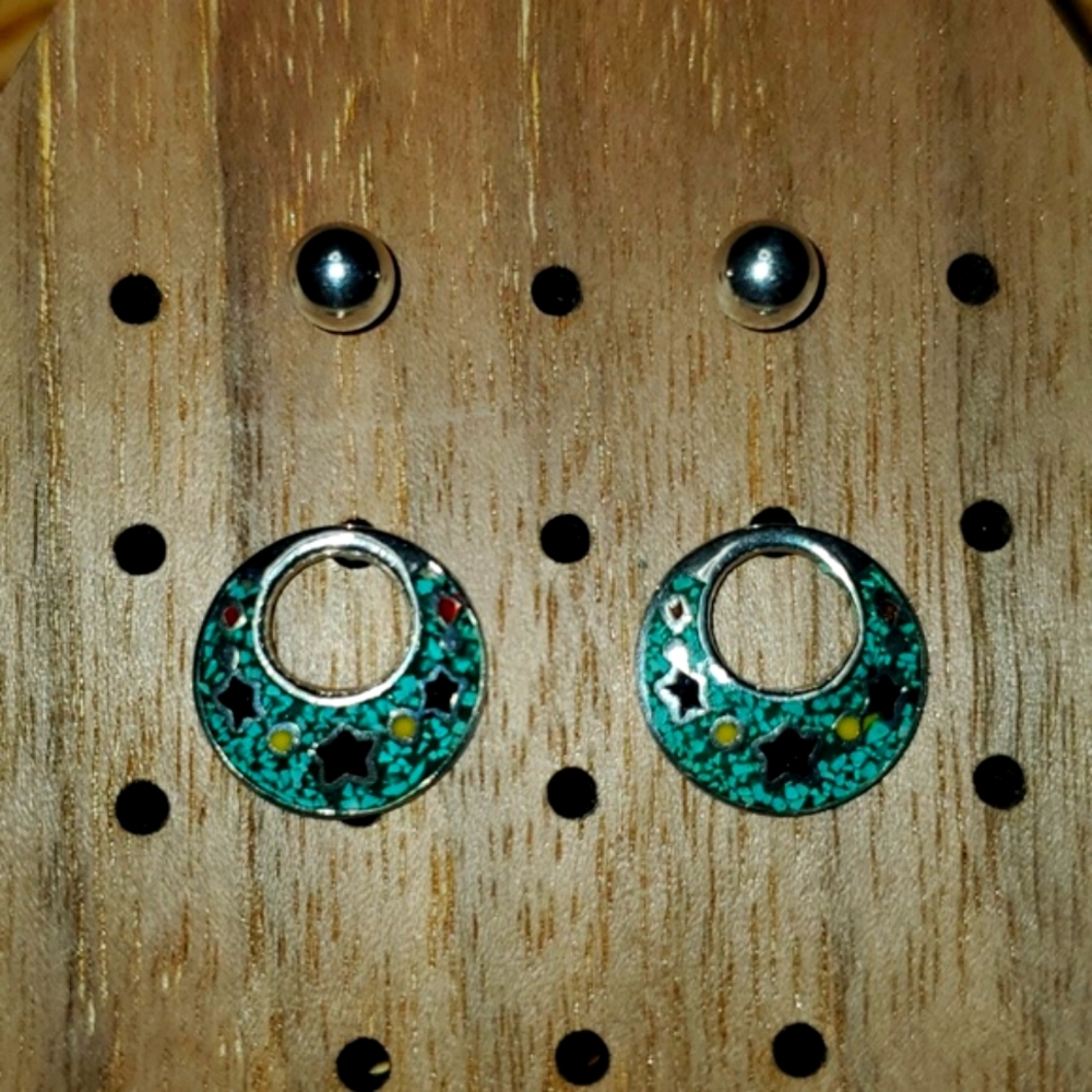 Southwest Silver Stud Earring Set Turquoise Onyx Coral Inlay Vintage Mexico
